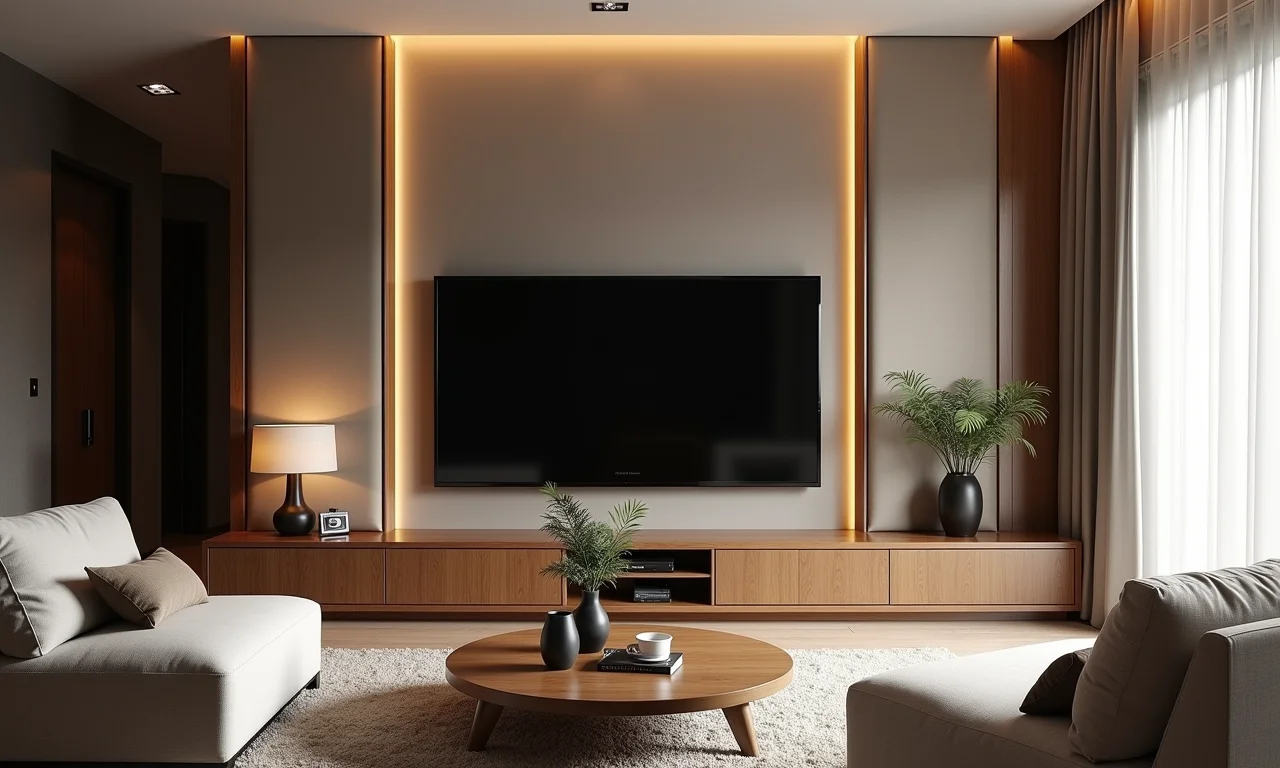 Revestimento acolchoado em sala de TV luxuosa com decoração brasileira.