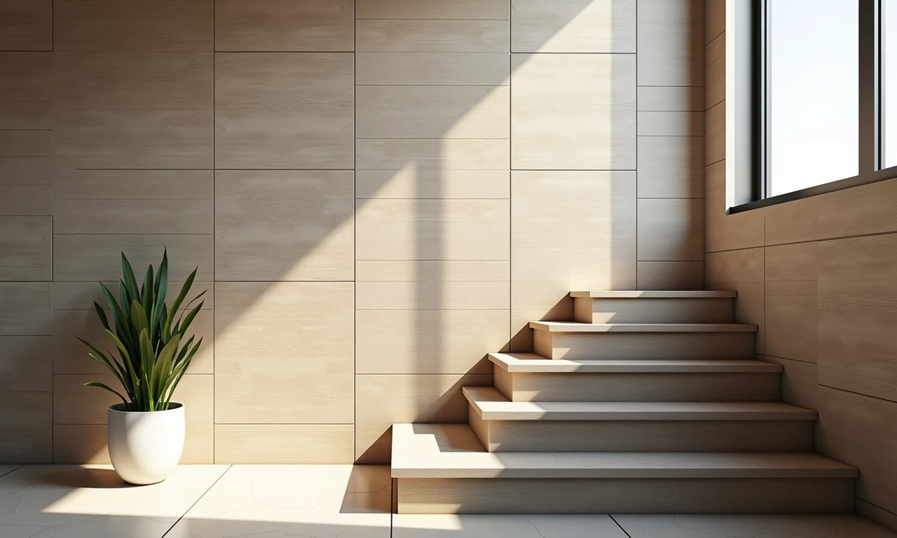 Revestimento cerâmico em parede de escada, praticidade e versatilidade.