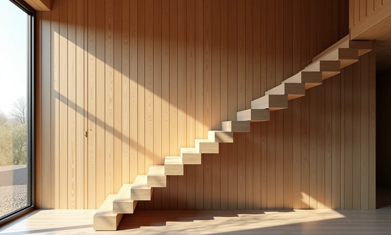 Revestimento de madeira em parede de escada, criando aconchego e calor.