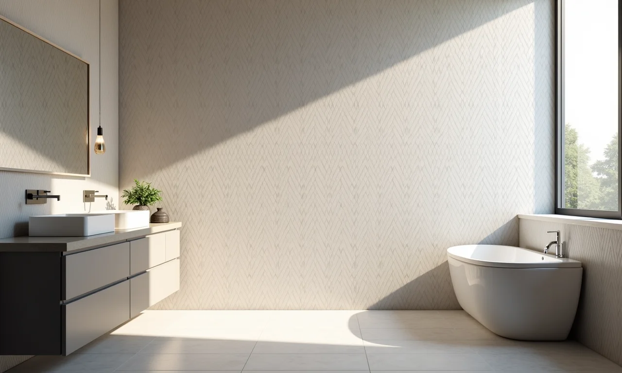 Revestimentos 3D da Portobello em um banheiro moderno.