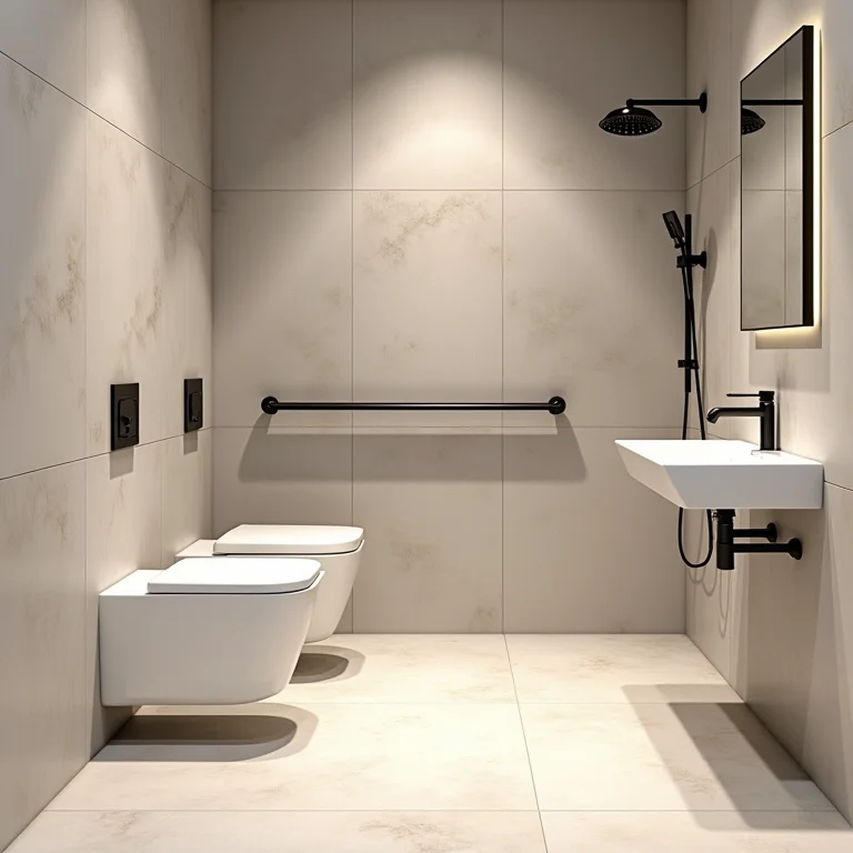 Revestimentos antiderrapantes e elegantes em um banheiro acessível