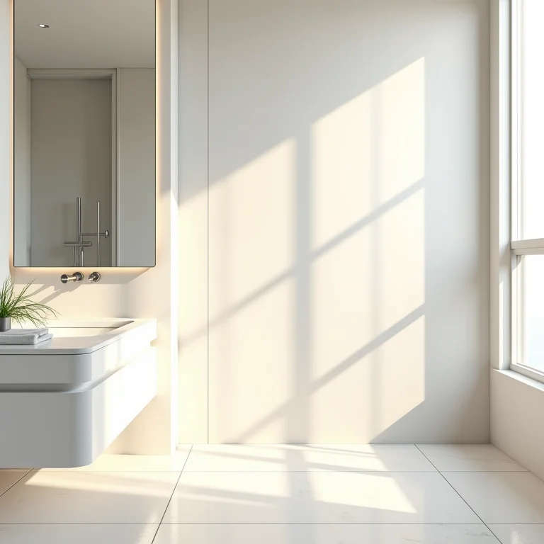 Revestimentos claros e espelhados ampliando o espaço do banheiro social