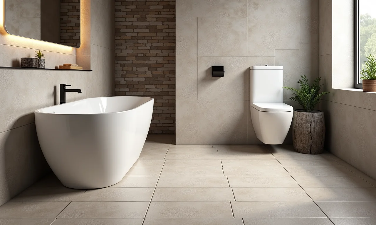 Revestimentos da Portobello com efeito de cimento queimado e tijolinhos.