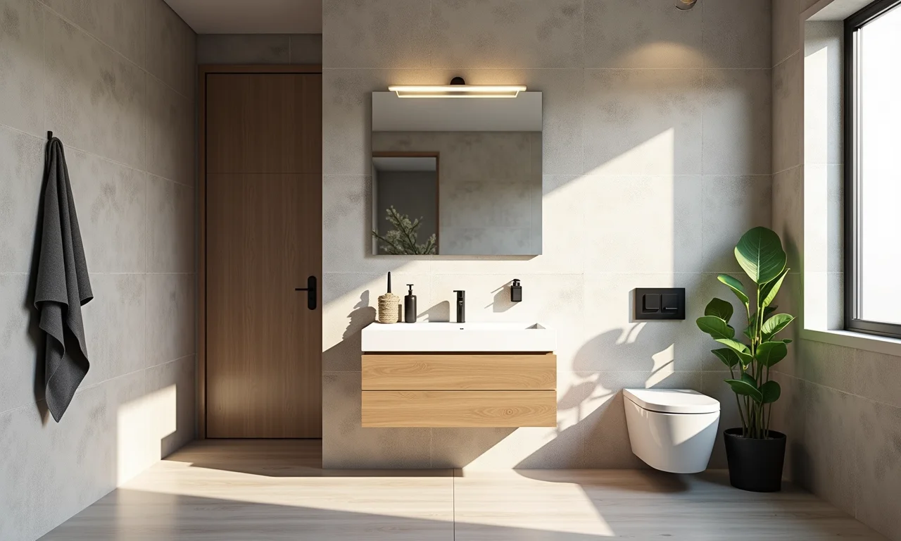 Revestimentos diferenciados em banheiro social moderno.