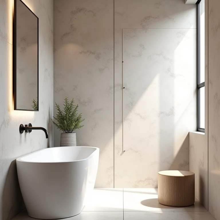 Revestimentos inteligentes aplicados em um banheiro pequeno, com foco nas texturas e cores.