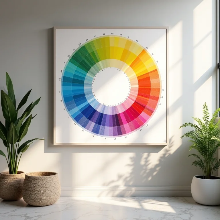 Roda de cores mostrando efeitos psicológicos de cada cor, ao lado de itens de banheiro.