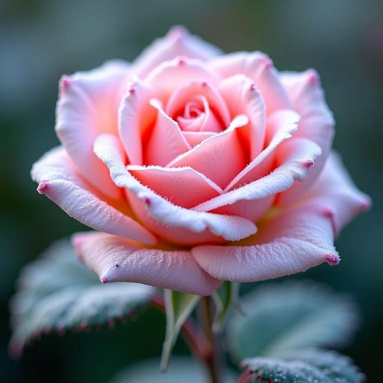 Rosa 'Buquê de Neve' com geada nas pétalas.