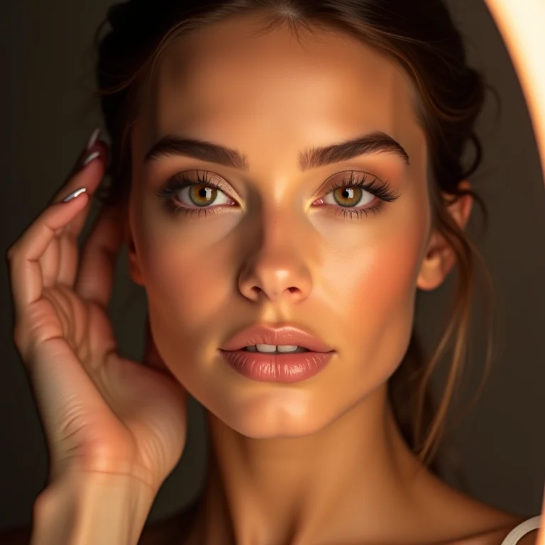 Rosto feminino iluminado por espelho LED durante maquiagem.