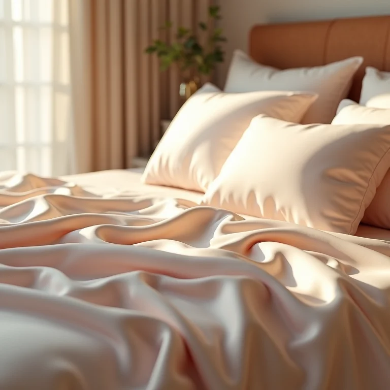 Roupa de cama de seda em uma cama luxuosa, conforto e bem-estar