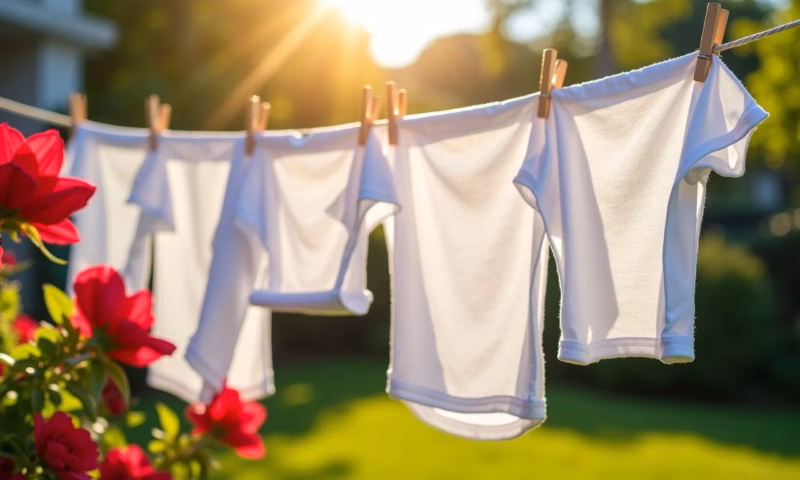 Roupas brancas impecáveis secando ao sol em um quintal brasileiro vibrante.