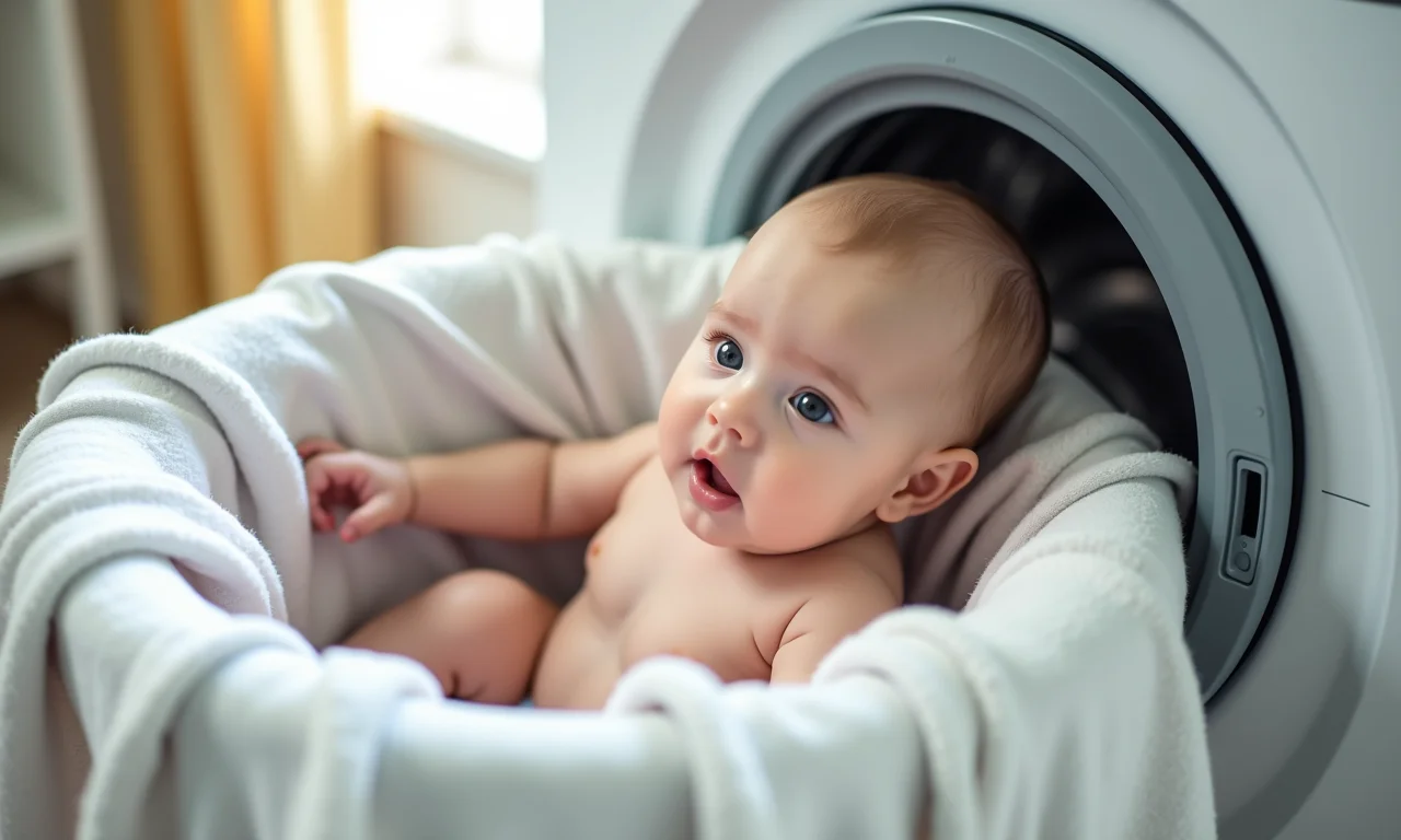 Roupas de bebê sendo centrifugadas delicadamente em máquina de lavar.