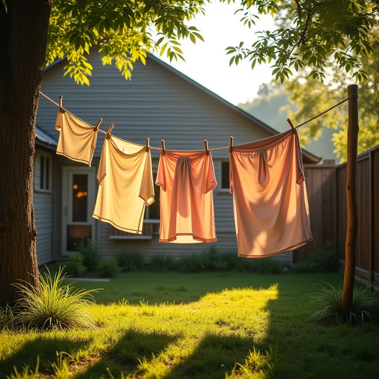 Roupas secando à sombra em um varal.