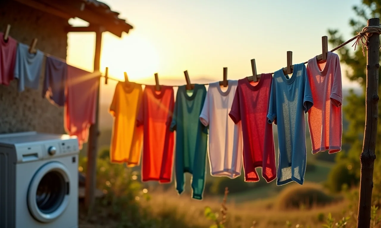 Roupas secando no varal ao sol, com máquina de lavar ao lado.