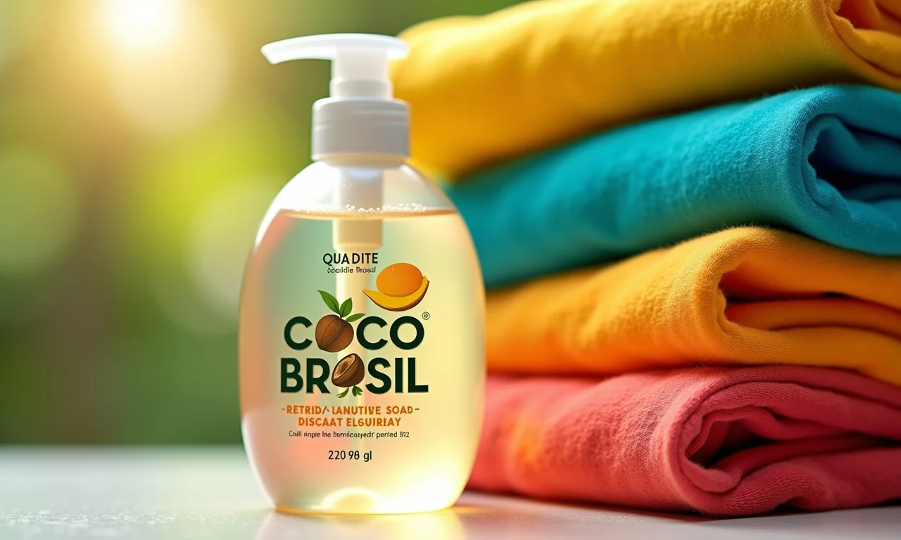 Sabão líquido para roupas delicadas da Coco Brasil ao lado de roupas dobradas.