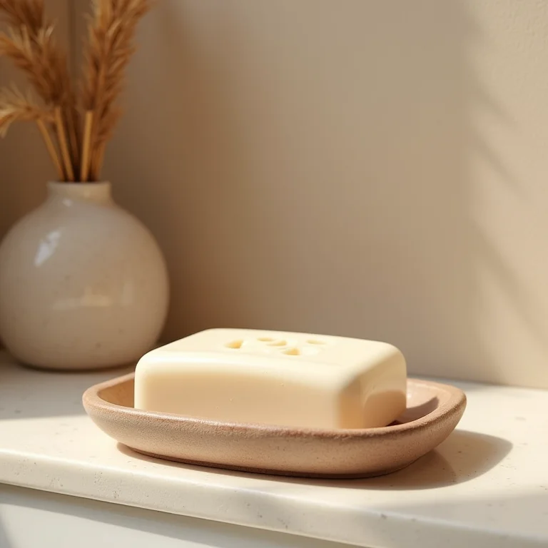 Saboneteira de cerâmica em um banheiro boho chic.