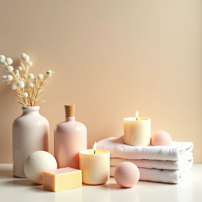 Sabonetes decorativos, velas aromáticas e bombas de banho ao lado de toalhas