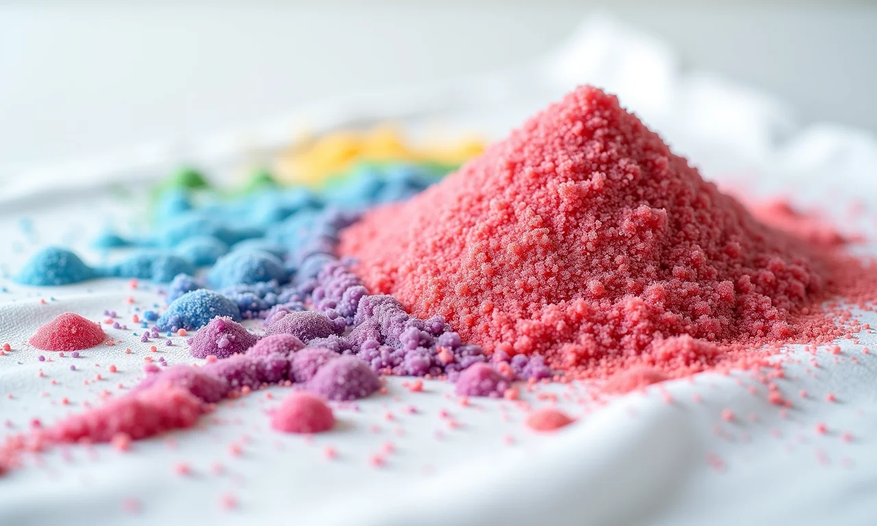 Sais de banho coloridos ao lado de toalha manchada de vinho.