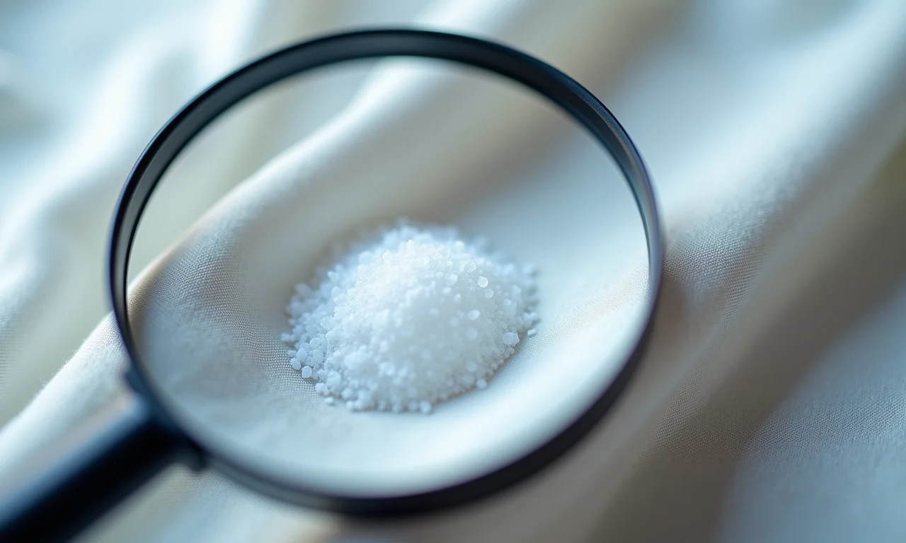 Sal em tecido delicado sob lupa.