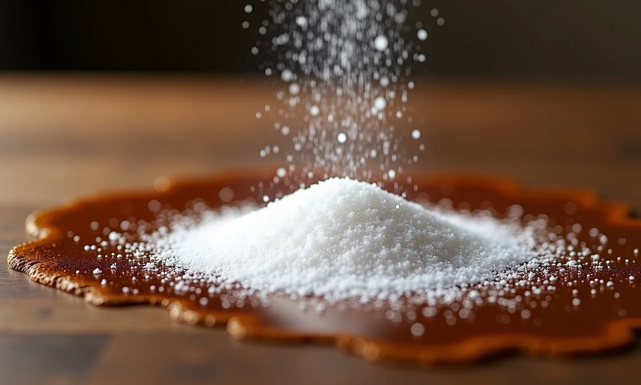 Sal sendo aplicado em abundância sobre mancha de café fresca.