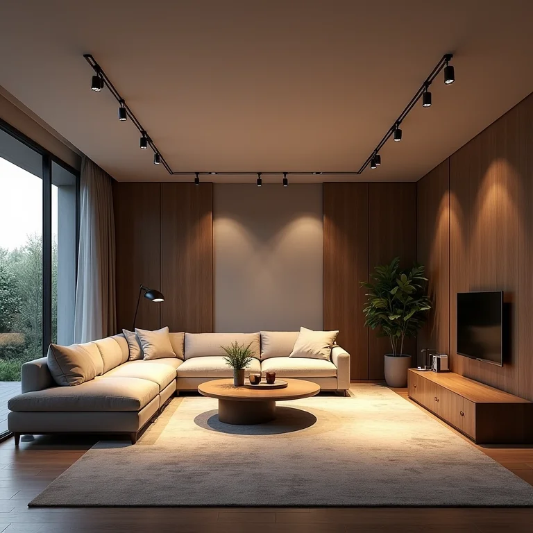 Sala ampla com iluminação de trilho estrategicamente posicionada.