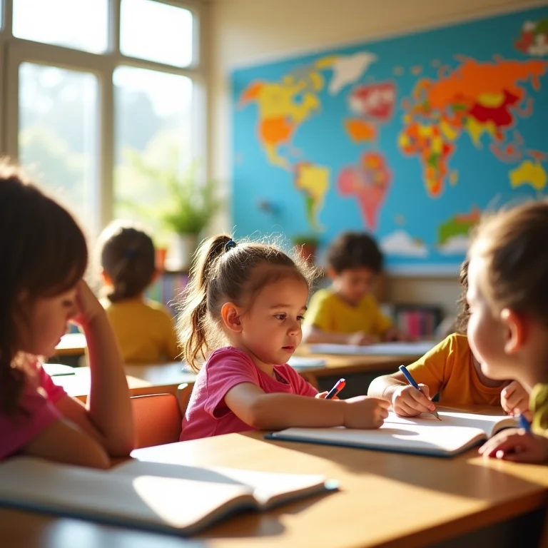 Sala de aula colorida e bem iluminada