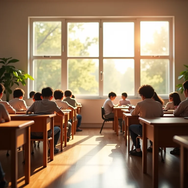 Sala de aula com iluminação natural abundante, criando um ambiente de aprendizado estimulante.