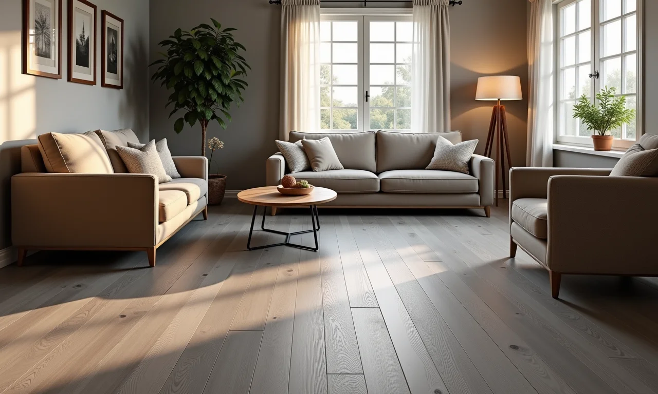 Sala de estar aconchegante com porcelanato cinza amadeirado, móveis confortáveis e iluminação quente.