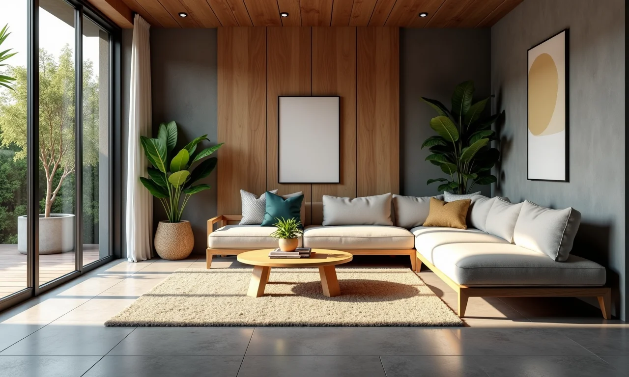 Sala de estar aconchegante com porcelanato cinza e detalhes em madeira, estilo brasileiro.