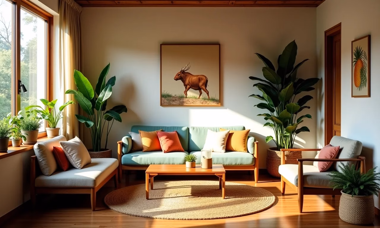 Sala de estar aconchegante de apartamento pequeno com decoração brasileira vibrante.