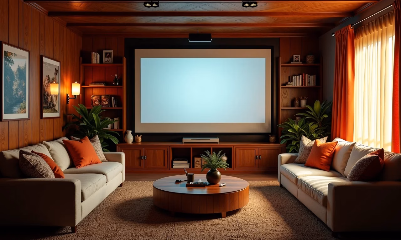 Sala de estar aconchegante para cinéfilos com tela grande e decoração temática.