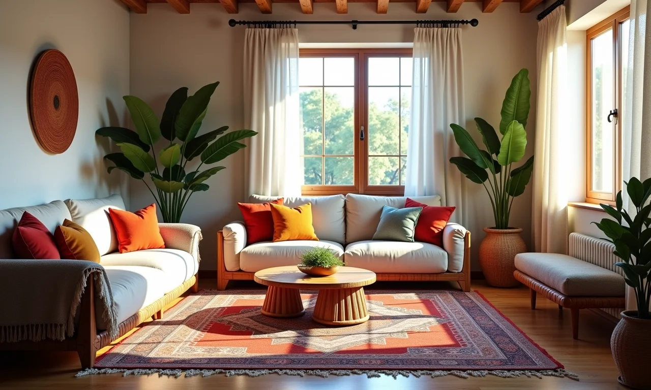 Sala de estar boho com tapetes, almofadas e têxteis coloridos