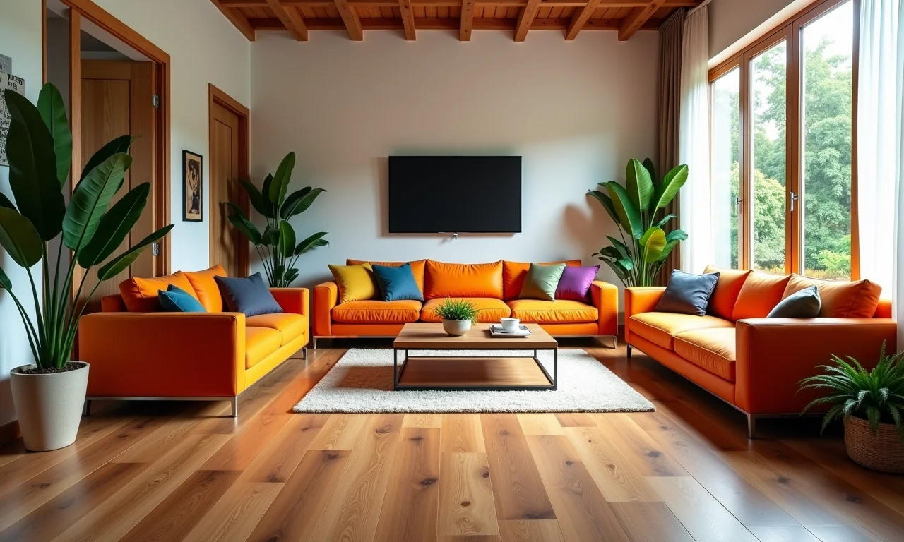 Sala de estar charmosa com piso de madeira maciça.