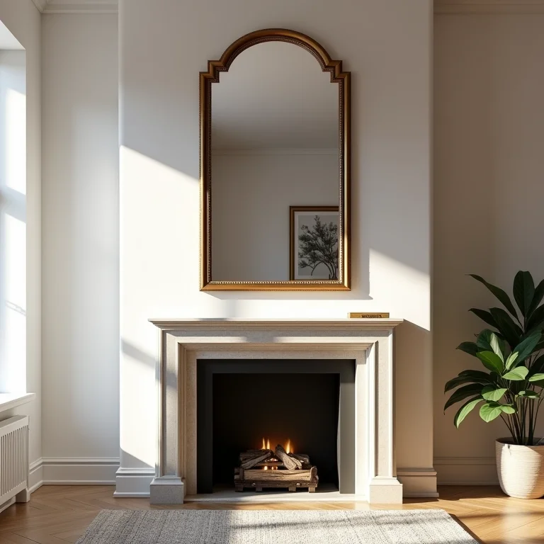 Sala de estar com espelho decorativo acima da lareira