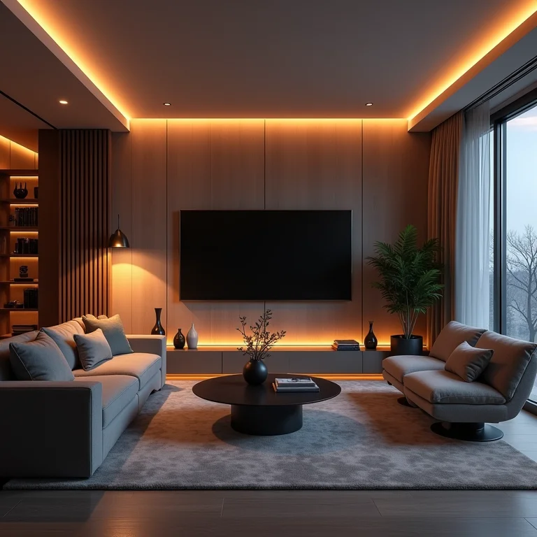 Sala de estar com iluminação artificial forte, criando um ambiente frio.