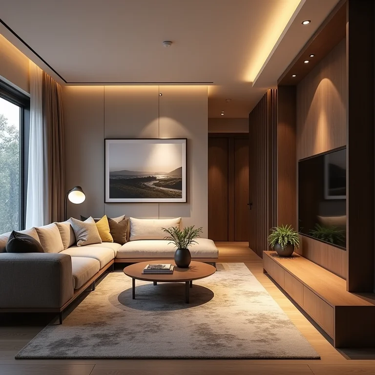 Sala de estar com iluminação de trilho equilibrada.