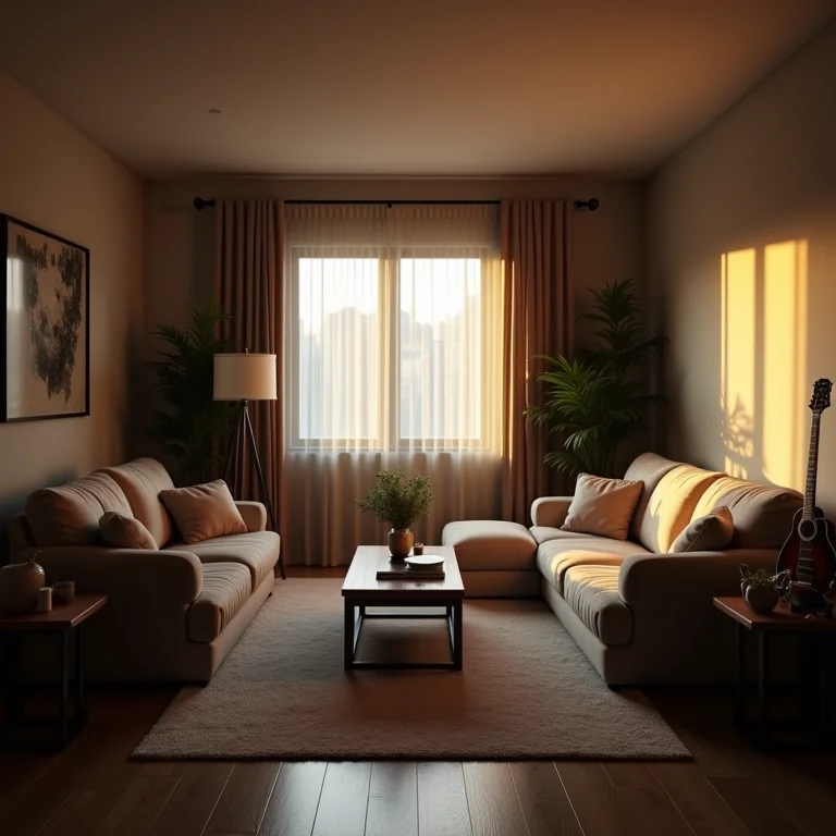 Sala de estar com iluminação inadequada e agressiva.