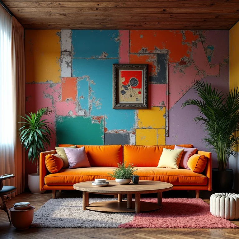 Sala de estar com mistura excessiva de cores e estampas conflitantes.