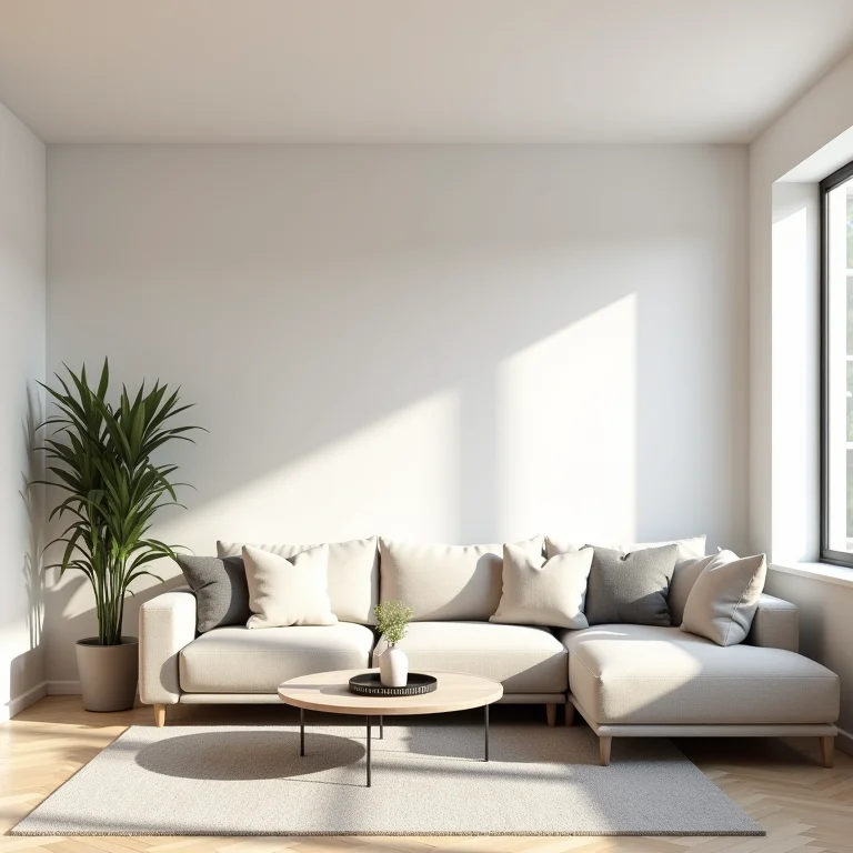 Sala de estar com paleta de cores neutras.