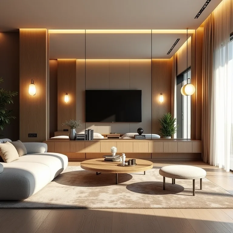 Sala de estar com paredes de espelho e iluminação estratégica para maximizar o efeito luminoso.