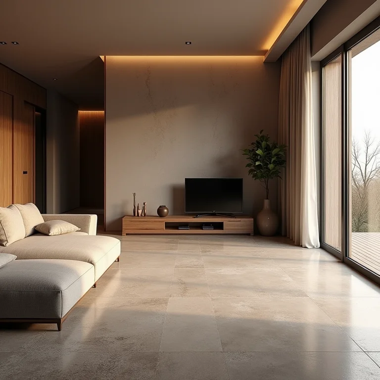 Sala de estar com piso de cimento polimérico, destacando o conforto térmico e acústico.