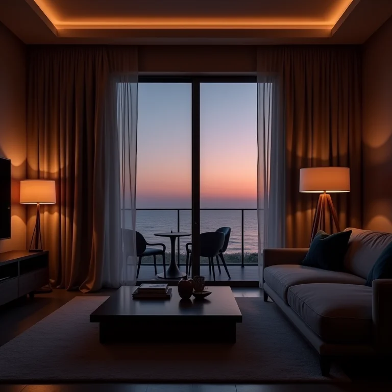 Sala de estar de apartamento de praia com iluminação natural bloqueada.