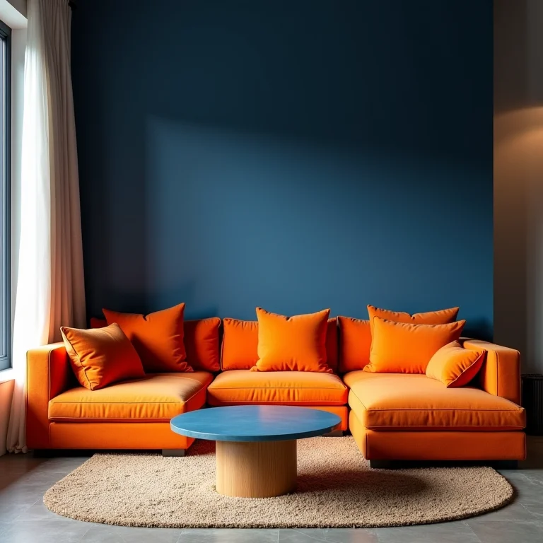 Sala de estar de casa de praia com cores escuras e vibrantes contrastantes.