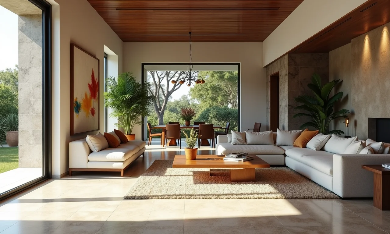 Sala de estar elegante com piso de porcelanato claro.