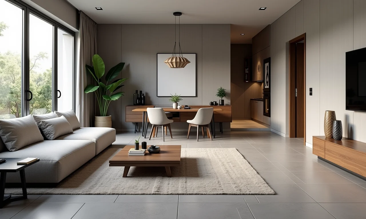 Sala de estar elegante com porcelanato cinza da Portobello Shop e decoração brasileira.