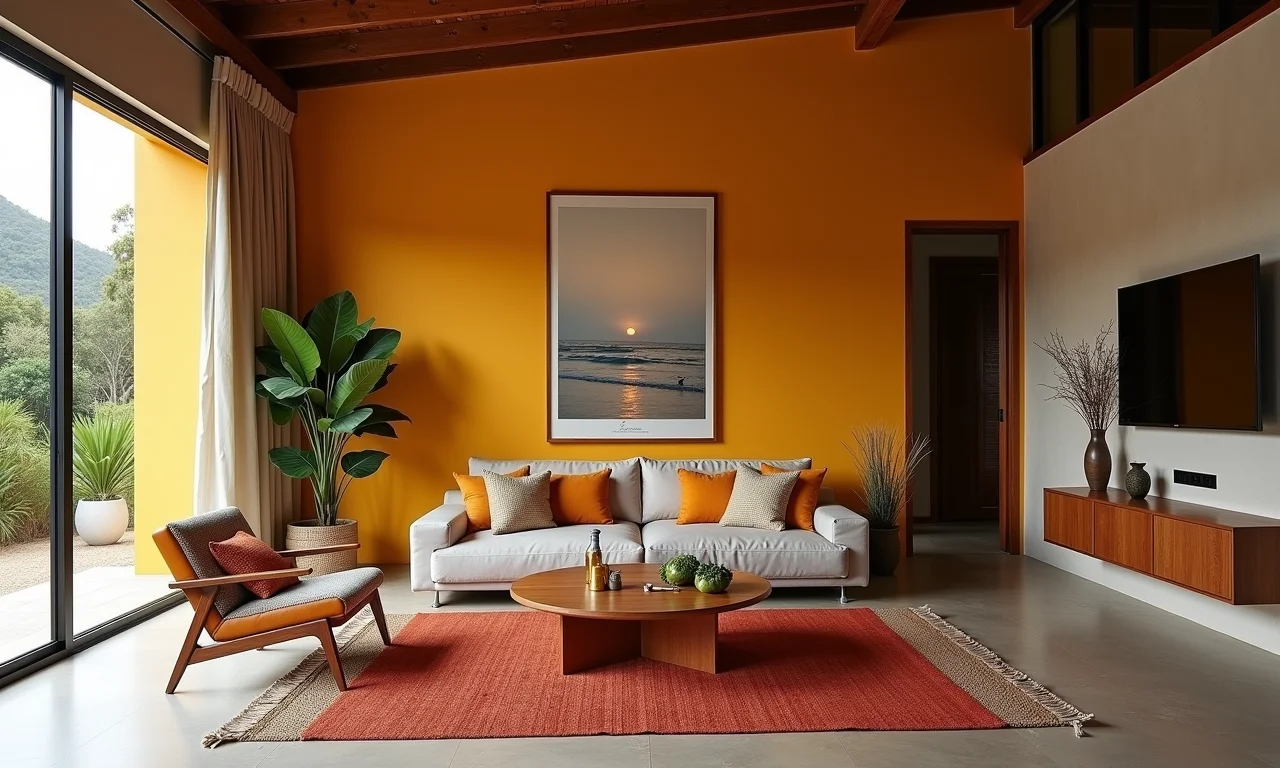 Sala de estar integrada com parede de cobogó dividindo sutilmente os ambientes.