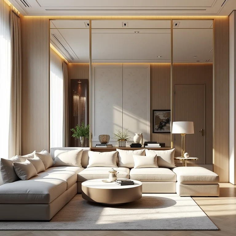 Sala de estar luxuosa com parede de espelho cristal