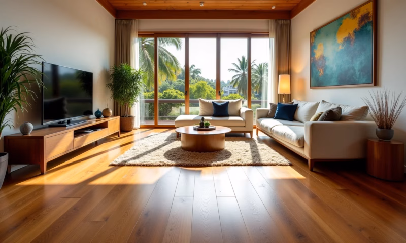 Sala de estar luxuosa com piso de madeira Itaúba e decoração brasileira vibrante.