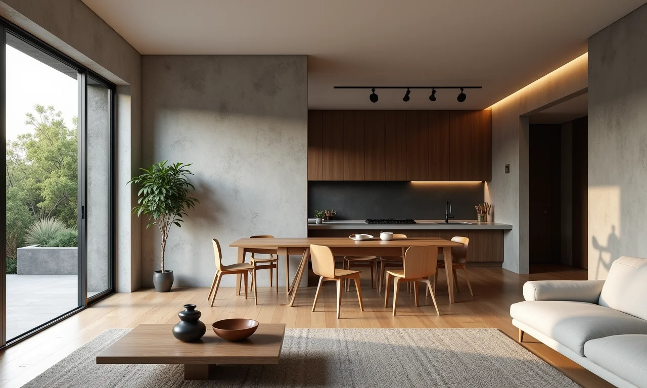 Sala de estar minimalista com parede de cobogó de cimento dividindo os espaços.