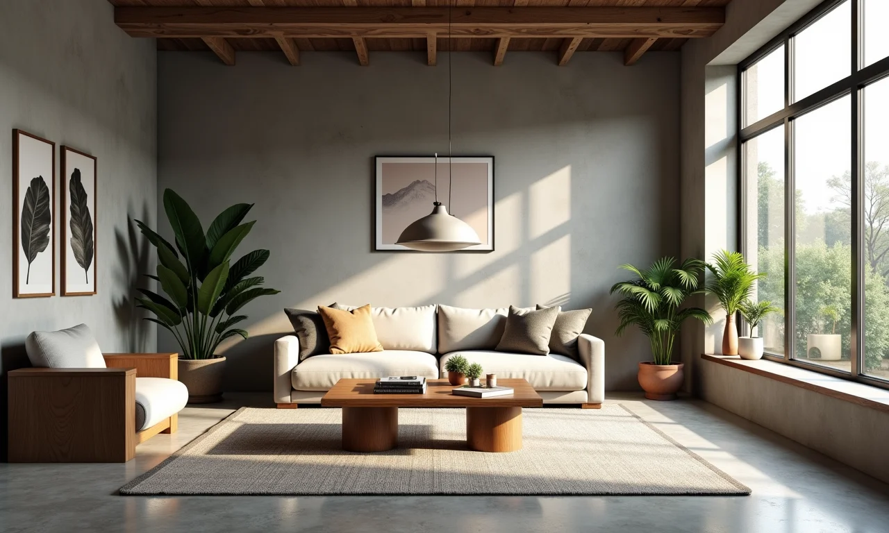 Sala de estar moderna com piso de cimento queimado.