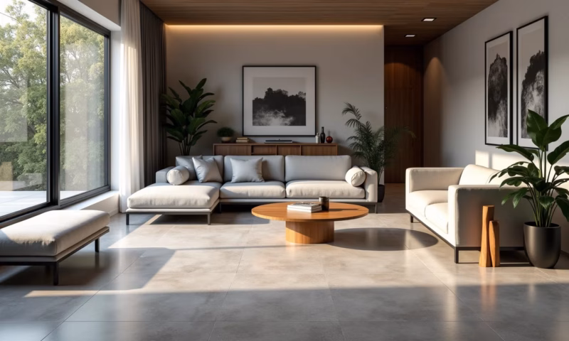 Sala de estar moderna com porcelanato cinza em diversos tons, iluminação natural e design brasileiro.